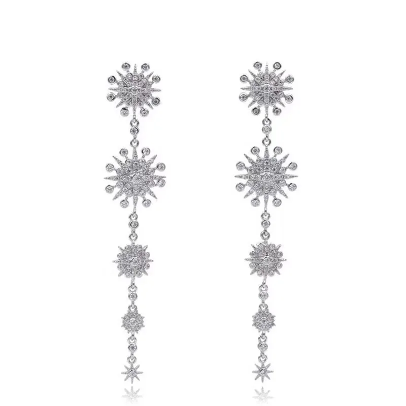 

S925 Silver Needle Exaggerated Shiny Zircon Star Snowflake Long Tassel Earrings 210322-53