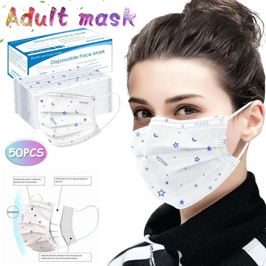 

50 шт. печатные одноразовые маски для лица Earloop маски со ртом для лица Нетканые 3-слойные повязки на голову Mascarillas Mascarila Mask