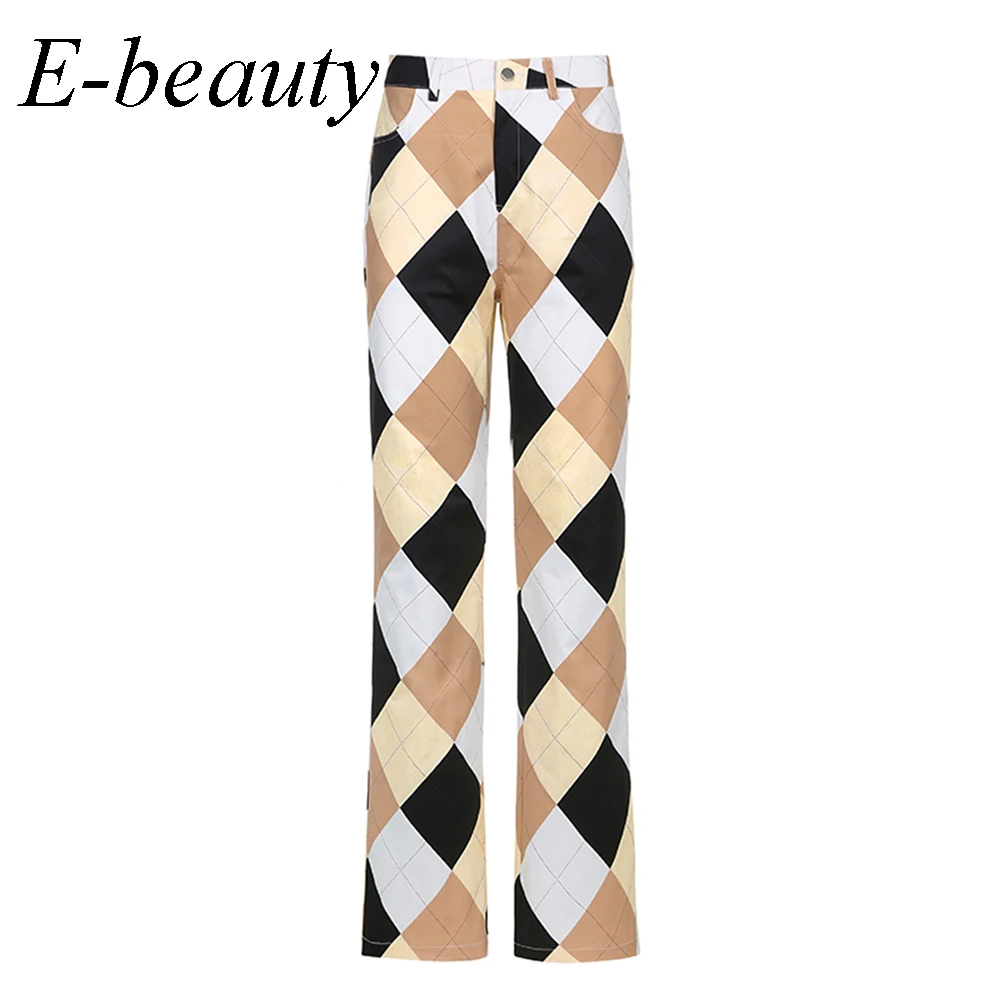 

Винтаж, связанное с узором "ромбиками" Y2k мешковатые Штаны для Для женщин в уличном стиле с завышенной талией и широкими штанинами в стиле 90-х...