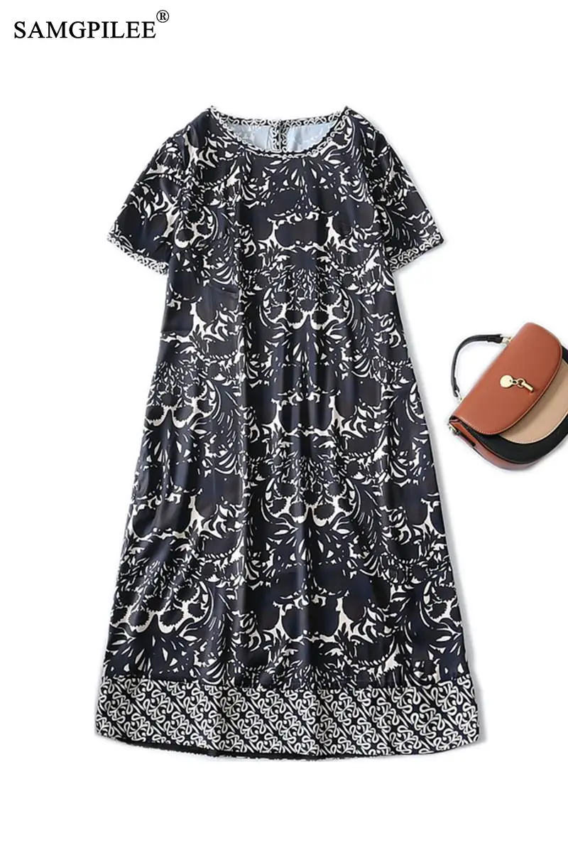 

Summer Clothes For Women Blue And White Porcelain Retro Satin Knee Length O Neck Slim Short Sleeve Thin Chiffon Dress Plus Size