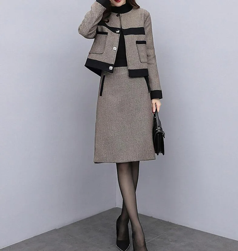 

Two Piece Set Female Vintage Woolen Suits Sets Clothes Autumn Women Tracksuits Outfits Femenino Jacket Coat + Skirt 2