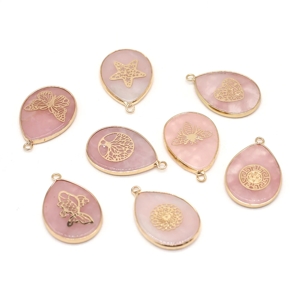 

Fashion Drop-Shaped Pendant Natural Stone Rose Quartz Gilt Edge Charm for Jewelry Making Necklace Earring Accessories 23x35 mm