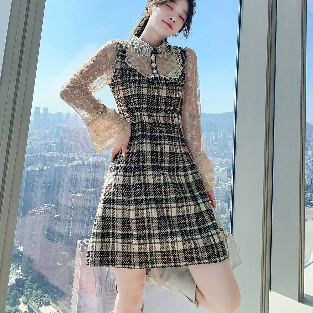 

Vintage Dress A-line Female Autumn And Winter Lace Patchwork Elegant Dresses Korean Style High Waist Plaid Mini Dress Girl