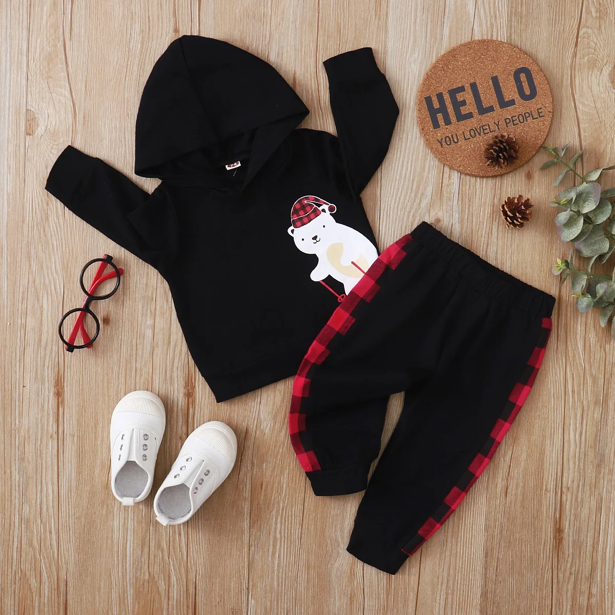 

Infant Baby Boys Girls Clothes Stylish Plaid Hooded Sweatshirt Coat Tops+Pants Toddler Clothing Outfit Set