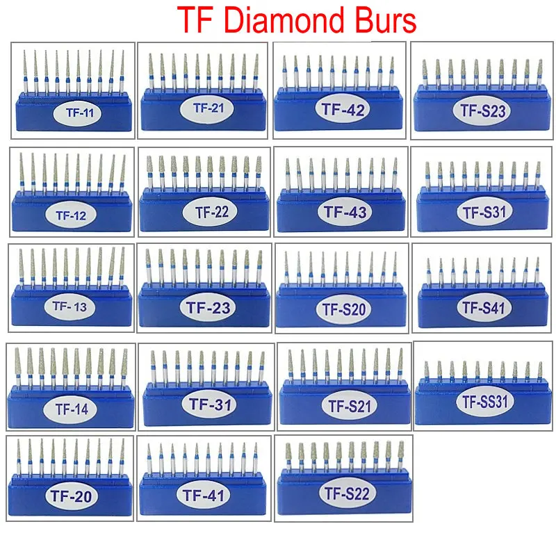 10pcs/box Dental Diamond Burs Drills High Speed Handpiece Polishing Diamond Burs TF Series