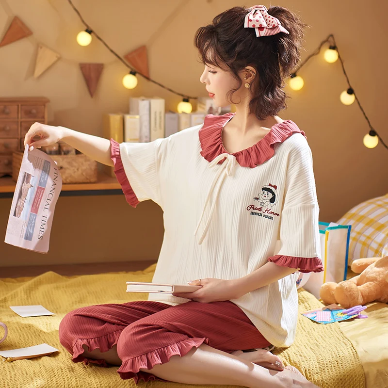 

Summer Pajamas Fot Women Cotton Korean Doll Collar Short Sleeved Pajamas Casual Oversized Femme Homewear Cute Cartoon Sleepwear