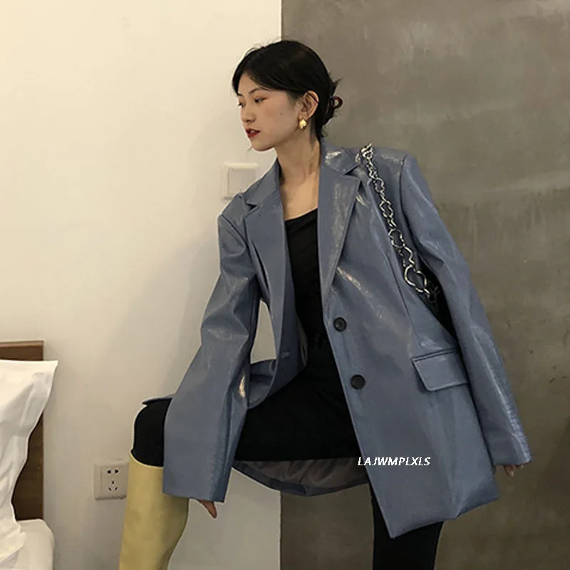 

2021 Solid color PU Faux Leatherjacket Blazer Mujer Vintage single button PU blazer coat casual office work suit jacket