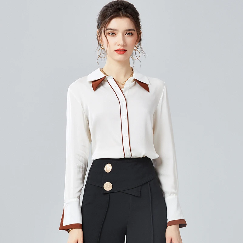 

100% Silk Women's Shirt Double Layered Collar Long Sleeves Color Block Fashion Casual Blouse Tops
