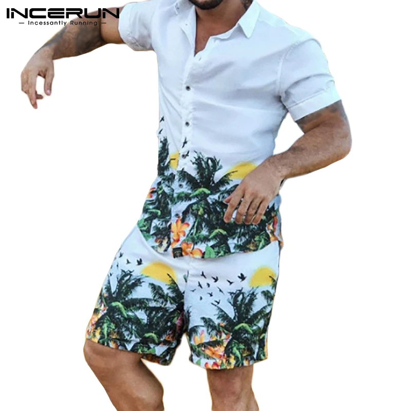 

Summer Printed Men Hawaiian Sets Streetwear Lapel Short Sleeve Shirt & Shorts Vacation Fashion Mens Suits 2 Pieces S-3XL INCERUN