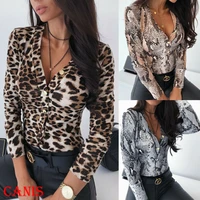 autumn womens sexy long sleeve deep v neck t shirts 2020 new fashion bodycon polyester snakeskin leopard tops
