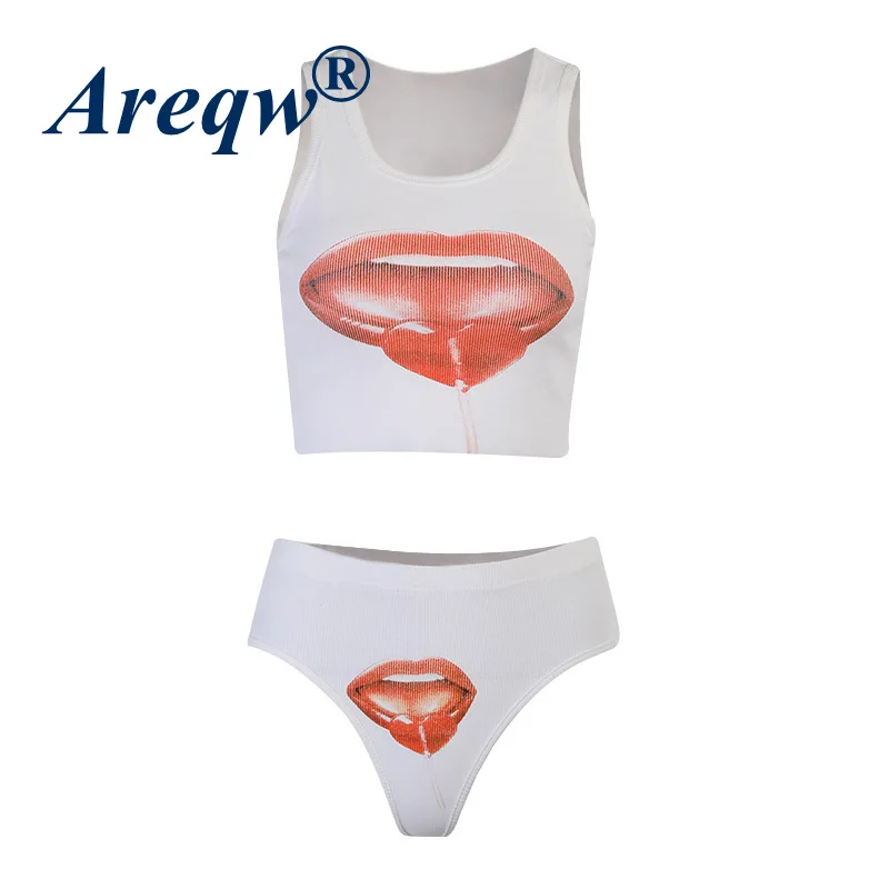 

Sexy Lips Printed Spring Summer 2021 New Vest Top Tight Pants Sports Suit