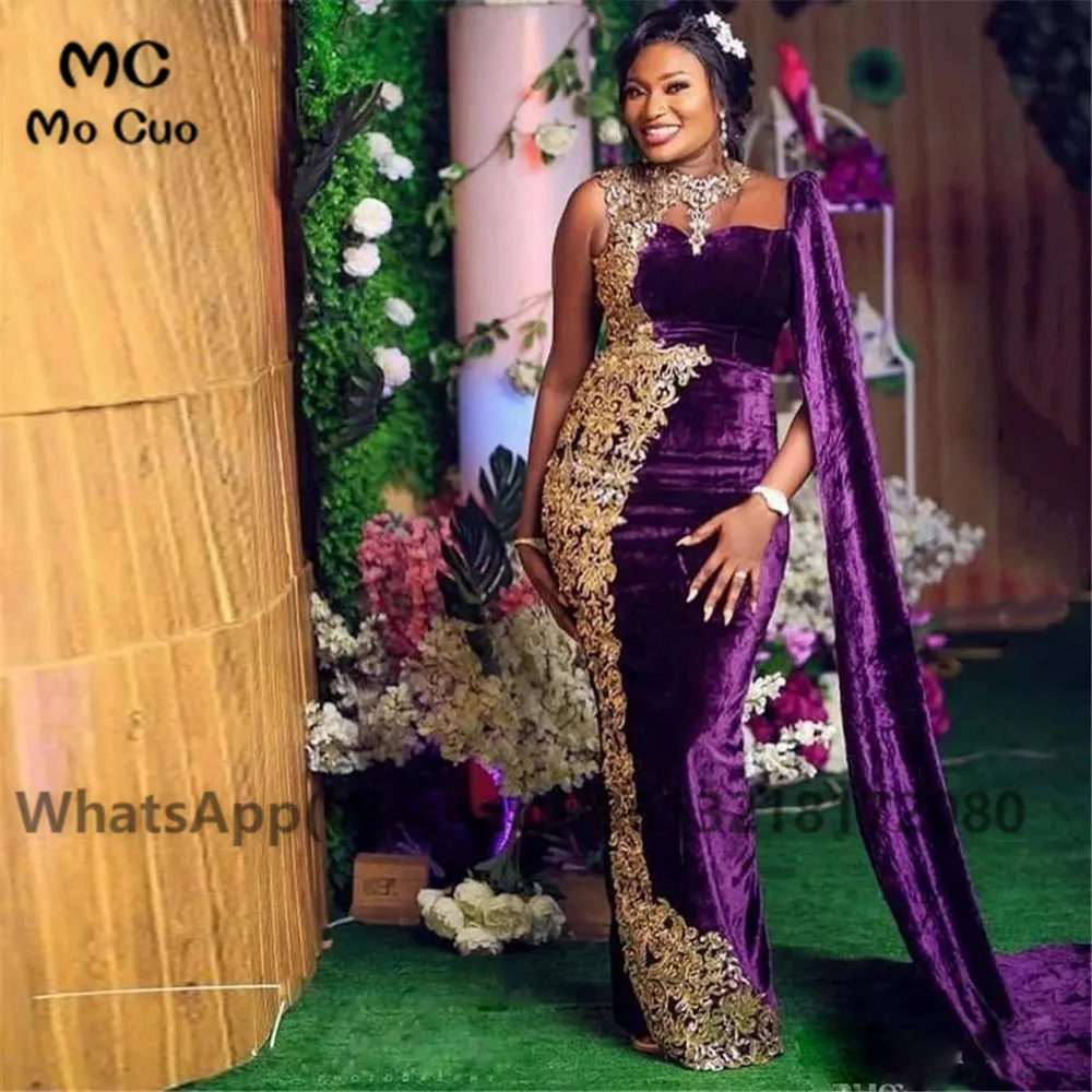 

2021 Arabic Mermaid Evening Prom Dresses Long Velvet Gold Lace Apppliques Beaded Women's Evening Prom Dress Customized