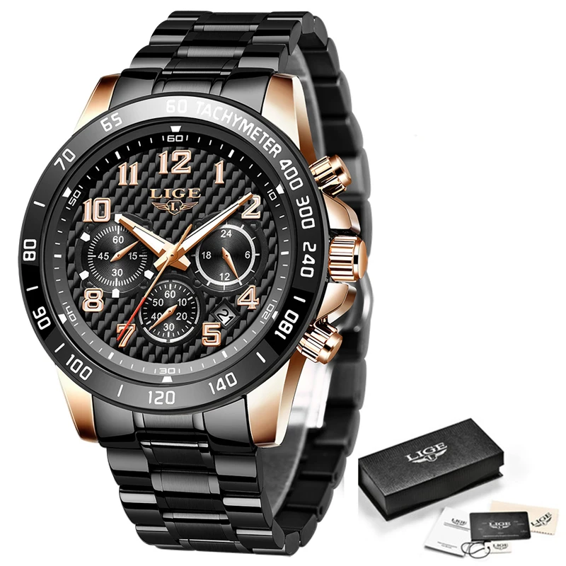 LIGE 2020 новые модные черные мужские часы лучший бренд роскошные спортивный