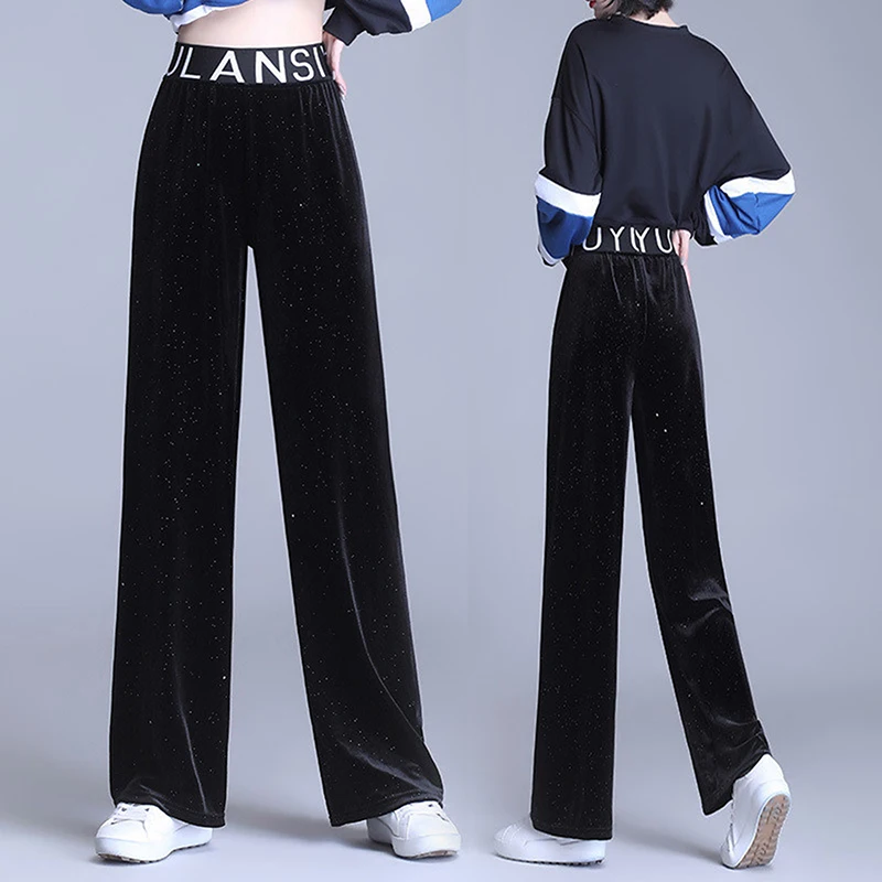 

Autumn and winter Gold velvet wide leg pants Women High waisted straight Corduroy Black Pants velvet women trousers