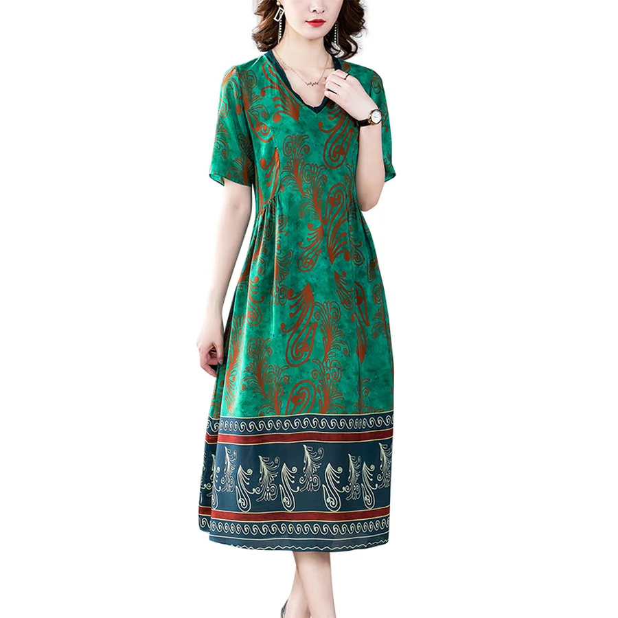 

2021 Vintage Green Print Mulberry Silk Midi Dress Summer Fashion 4XL Plus Size Runway Dress Elegant Women Bodycon Party Vestidos