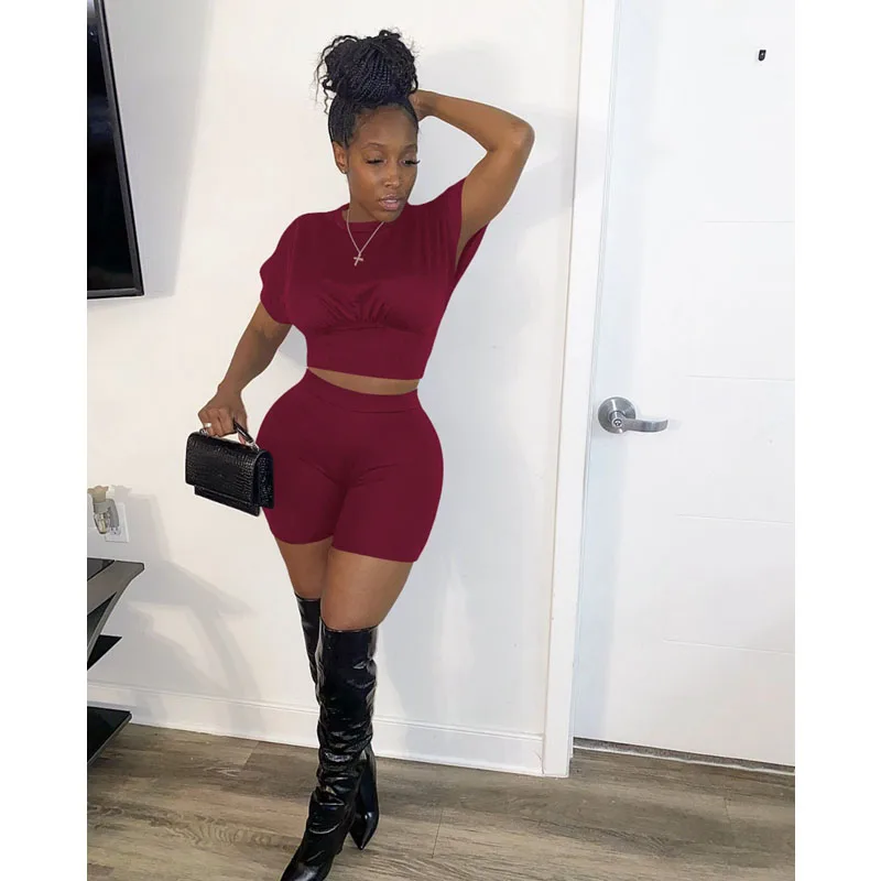 

Комплект из двух предметов Женский, однотонный пикантный укороченный топ с коротким рукавом и шорты, Клубная одежда, уличная одежда, весна-л...