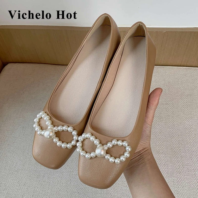 

Vichelo Hot new genuine leather square toe low heel pearl bowtie decoration fairy style beauty lady streetwear women pumps L30