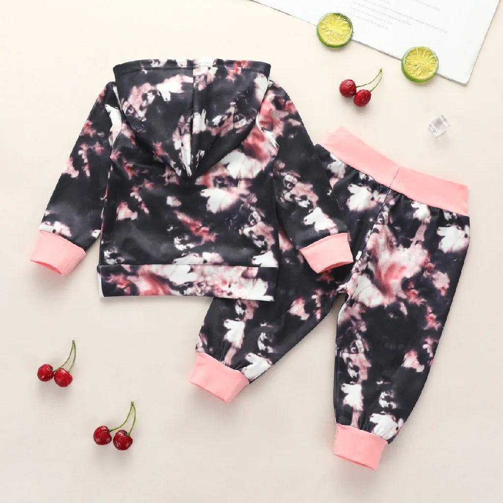 Baby Boy Girl Outfit Infant Clothing Long Sleeve Splice Tie-Dye Hoodie Shirt Sweatshirt Tops+long Pants Trouser Kids Clothes Set