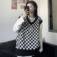 new autumn y2k streetwear womens sweater vest retro plaid knitted pullover tops oversized sun embroidery pull chaleco mujer