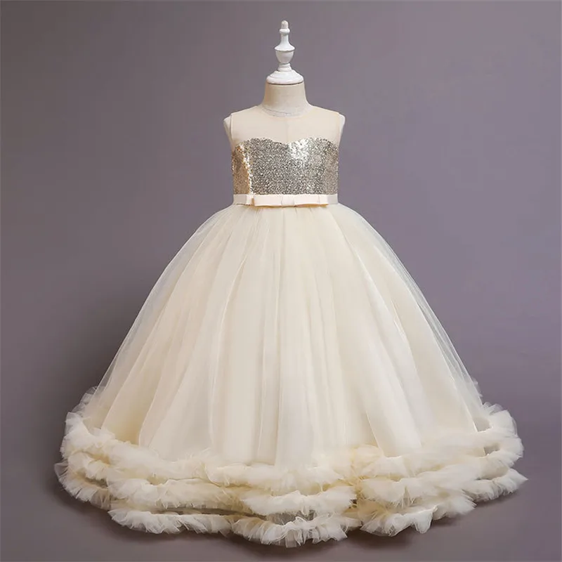 New Princess Sequin Dress Kids Flower Dress For Girls Vintage Children Dresses For Wedding Party Formal Ball Gown 4-12T