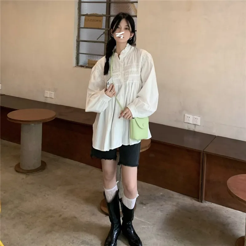 

Kimotimo Korean Chic White Shirts Women Design Loose Full Sleeve Spring Age Reduction Sweet Doll Collar Long Tops Casual Blouse