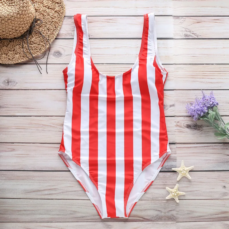 

Women's sexy vertical stripe swimsuit high waist low back cushion one piece swimsuit