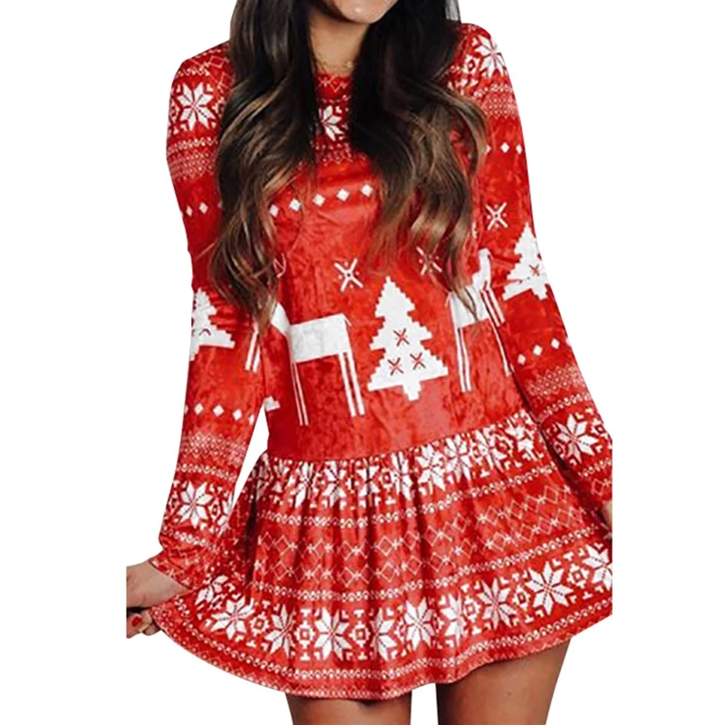 

Knitted Dresses Short Skirt for Women Winter Womens Fashion Long Sleeve Christmas Elk Print Ladies Knitted Sweater Loose Dress