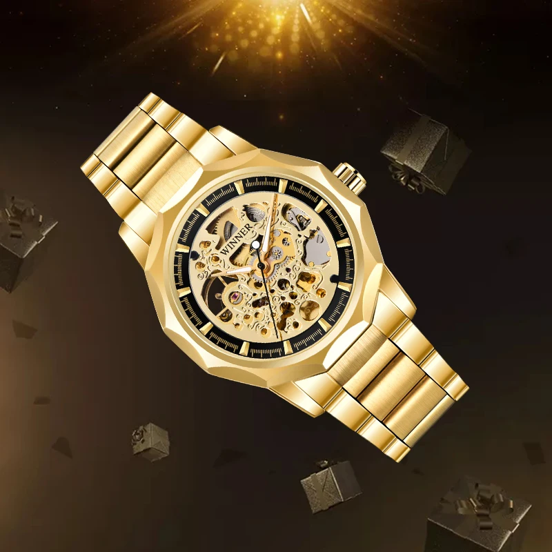 Мужские автоматические механические часы WINNER роскошные золотые из нержавеющей
