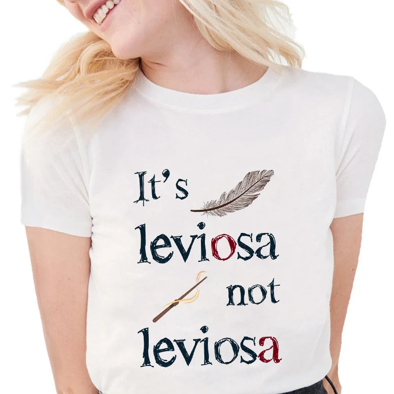 

Fashion T Shirts Women Funny Feather T Shirt Women It's Leviosa Not Leviosa Letter Graphic Print Tee Tops Casual White T-shirts