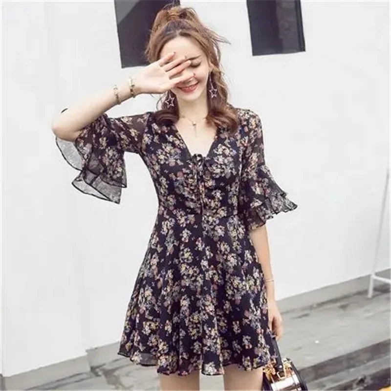 

Women Floral Chiffon Dress Summer 2021 New Seaside Vacation Beach Ruffle Dresses Ladies Fairy Mujer V-Neck Dress Female Short