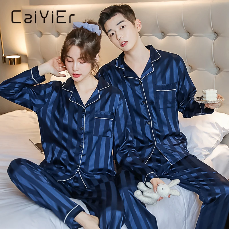 CAIYIER Couples Pajamas Set Women Men Silk Satin Sleepwear Long Sleeve + Pants Nightwear Casual Winter Stripe pyjama Loungewear
