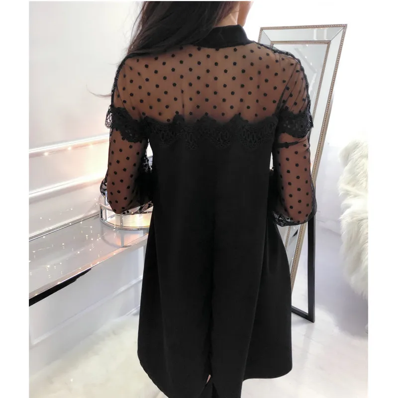 

Sexy Women Solid Color A-Line Dress Mesh Patchwork Design Lace Decor See Through O-Neck Long Sleeve Mid Waist Slim Mini Dresses