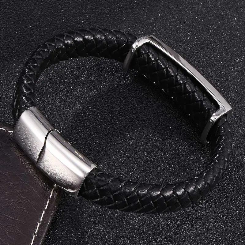 Мужской черный плетеный кожаный браслет в стиле панк-рок браслеты из нержавеющей