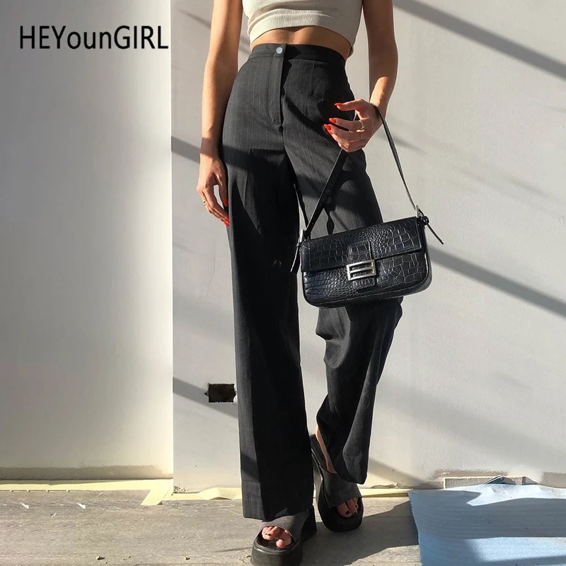 HEYounGIRL Элегантные повседневные черные штаны в полоску костюм с высокой талией брюки женские корейские модные женские карманы брюк уличная одежда
