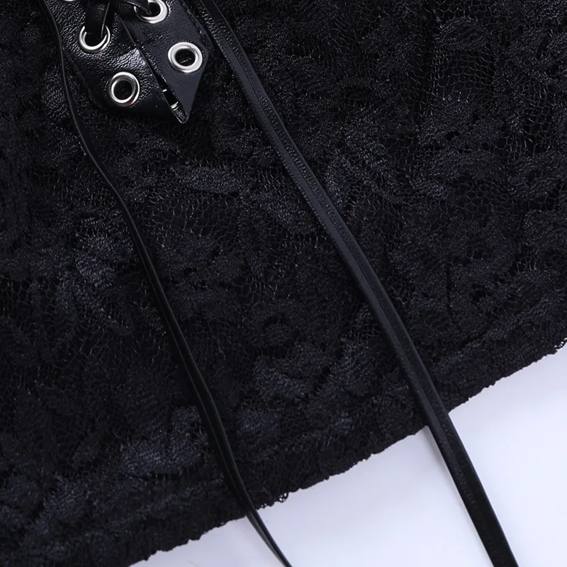 

Black Gothic Women Lace T Shirt 2021 Autumn Basic Lady Short Length Eyelet Lace-up Hollow Out Deep V Neck Long Sleeve Tshirt