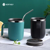 worthbuy coffee mug 304 stainless steel double layer leakproof milk coffee cup with lid kitchen drinkware breakfast tea mug