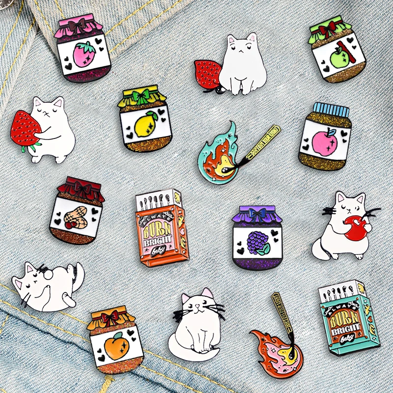 

Creative Cute Cat Fruit Canned Trendy Oil Drop Brooch Pin Denim Bag Gift For Friends Men Women Fashion Jewelry Decorate