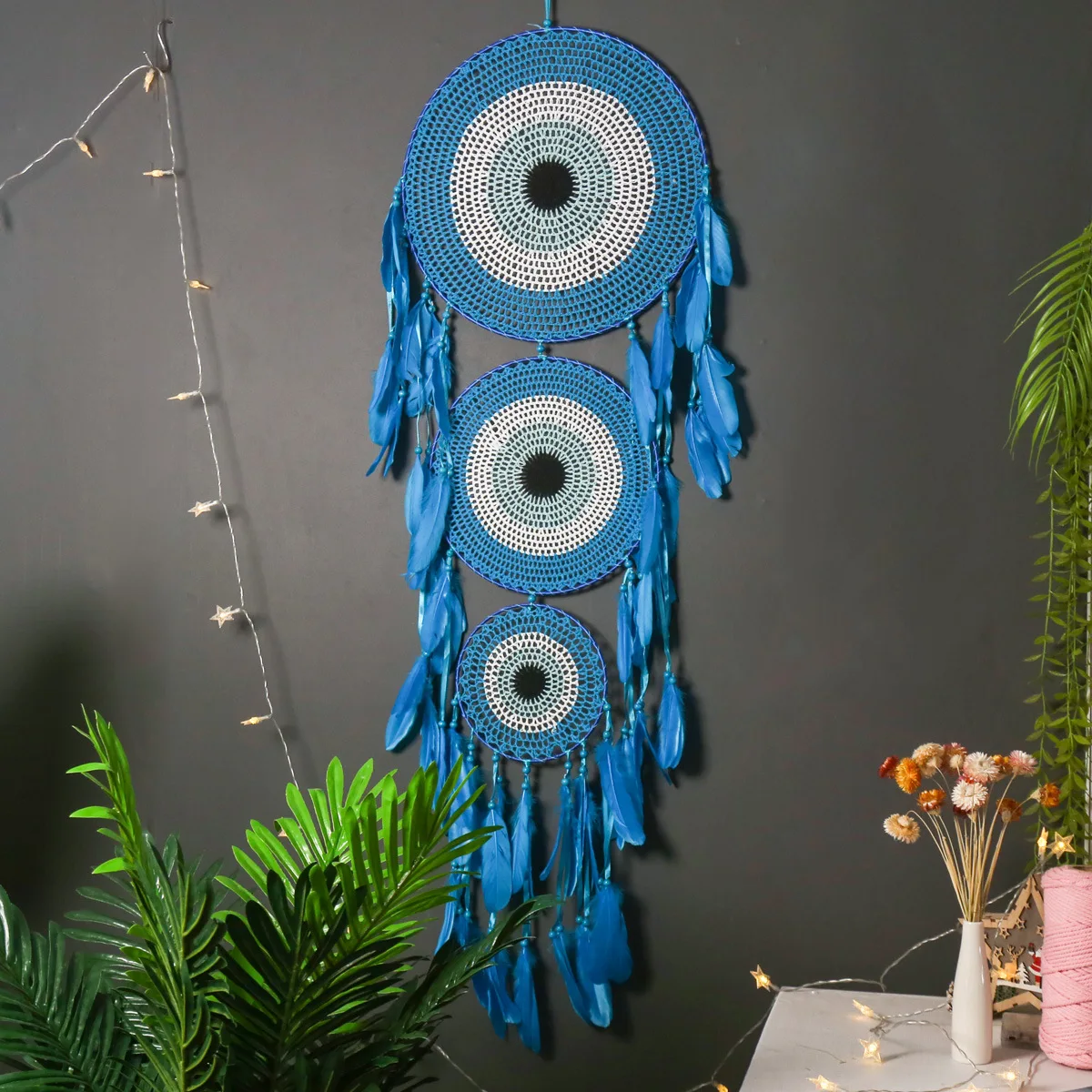 

Aesthetic Room Decor Dream Catcher Blue Big Feather Scandinavian Style Nursery Garden Ornament Wind Chimes Hanging Decorations