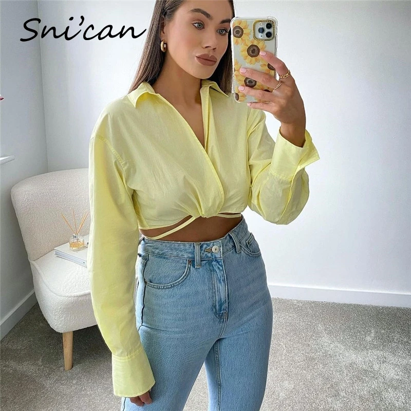 

Solid Long Sleeve Bandage Sexy Short Blouse Za 2021 Women Tops Blusas De Mujer Spring Streetwear Shirt Bluzki Bluzki Damskie