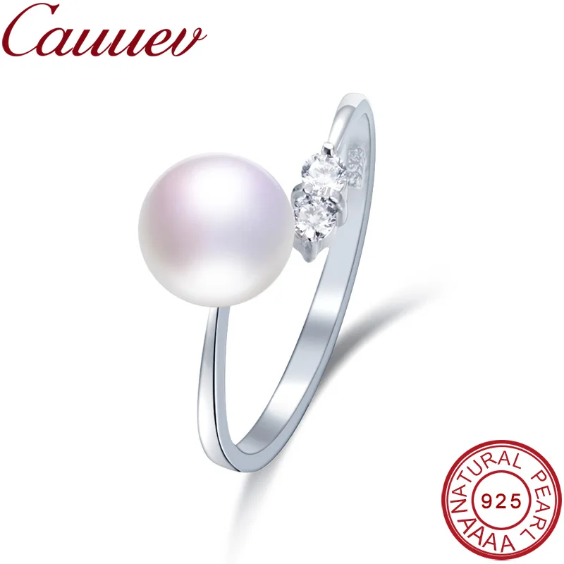 

Cauuev 8-9 mm High Luster 100% Natural Freshwater Pearl Women Engagement Rings AAA Shiny Crystal 925 Sterling Silver Jewelry