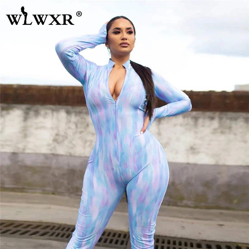 WLWXR Tie-dyed Print Zipper Ladies Long Sexy Bodycon Jumpsuit Women Sleeve Skinny Summer Rompers Womens Female | Женская одежда