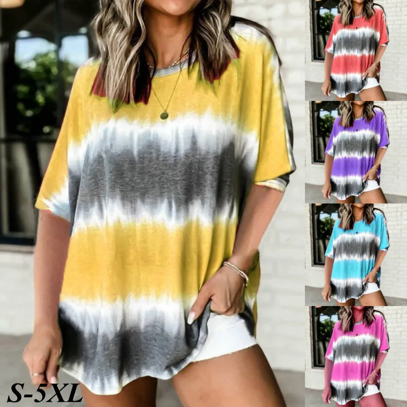 

Spring and Summer New Ladies Tie-Dye Printing Fashion Casual T-shirt O-neck Bat Sleeve Half-Sleeve Plus Size Shirt Pullover