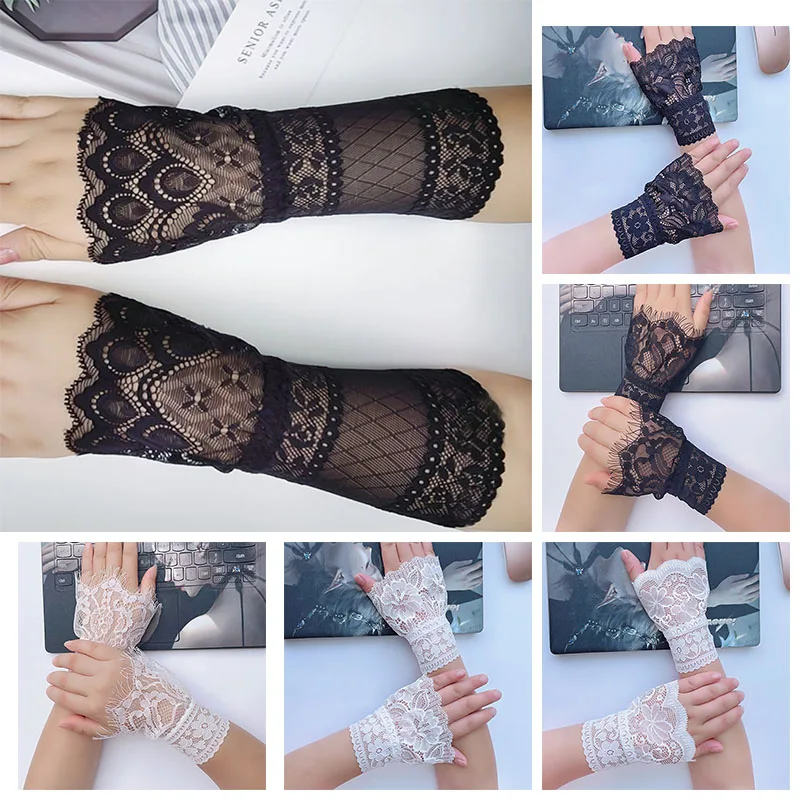 

Female Sweater Fake Sleeves Hollow Out Crochet Floral Lace Horn Cuffs Embroidery Flounces Ruffles Elastic Wrist Warmers