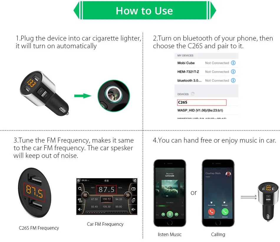 

VANJEW C26S Car Bluetooth FM Transmitter 5V/ 3.4A Dual USB Ports Charger U-Disk MP3 Player Transmitter Car Hands-free Calling