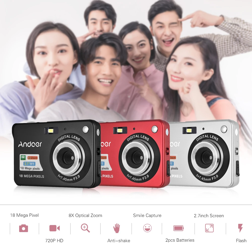 Цифровая видеокамера Andoer 720P HD с перезаряжаемыми батареями 8 кратный зум функция