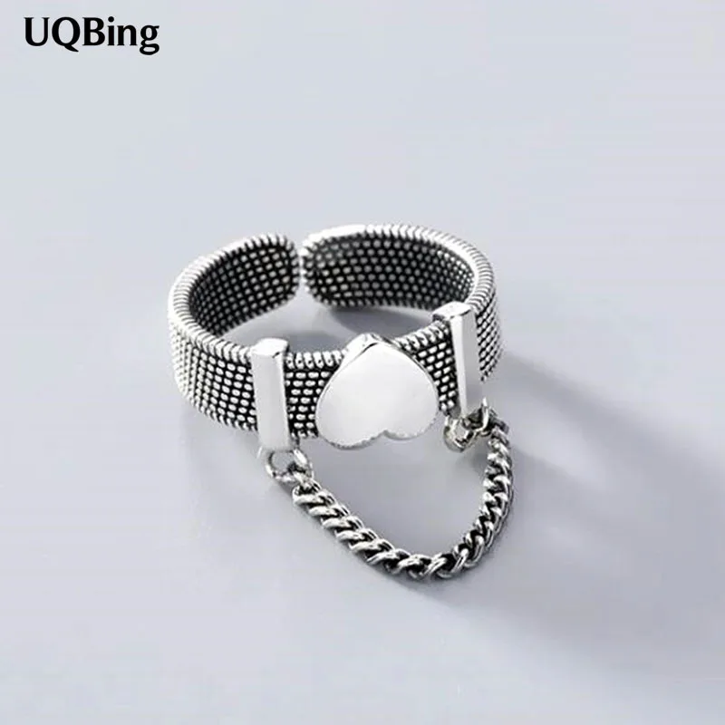 

Ретро 925 пробы с серебристым поясом цепи Гладкий сердце Форма кольцо для Для женщин тайский серебряный Серебряные ювелирные изделия