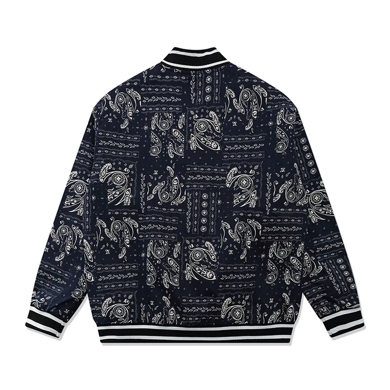 

SEVEYFAN Men's Retro Cashew Flower Printed Bomber Jacket Hip Hop Baseball Coat Streetwear for Couples