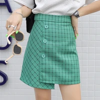 women plaid skirt vintage mini pencil skirt 2021 summer irregular hem button high waist green short skirt with lined female