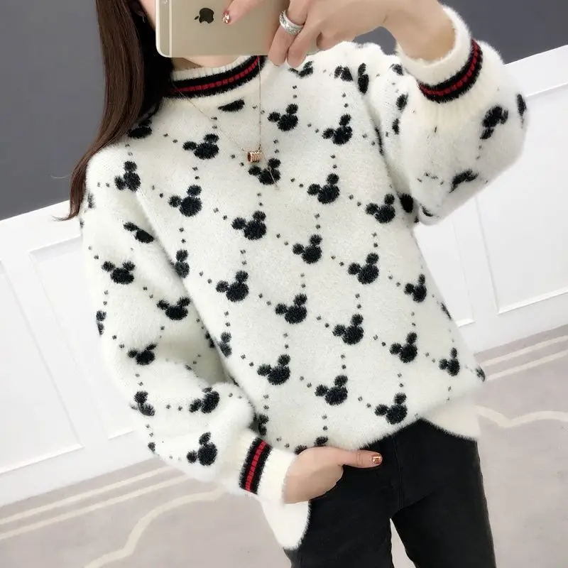 Женские Длинные Пуловеры и свитера с рисунком Микки Мауса 2019 джемпер оверсайз