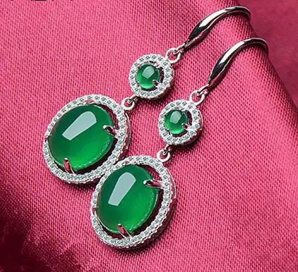 

DIY accessories S925 Sterling Silver micro inlaid jade circular green chalcedony Snowflake Earrings 3.9g Jeweller